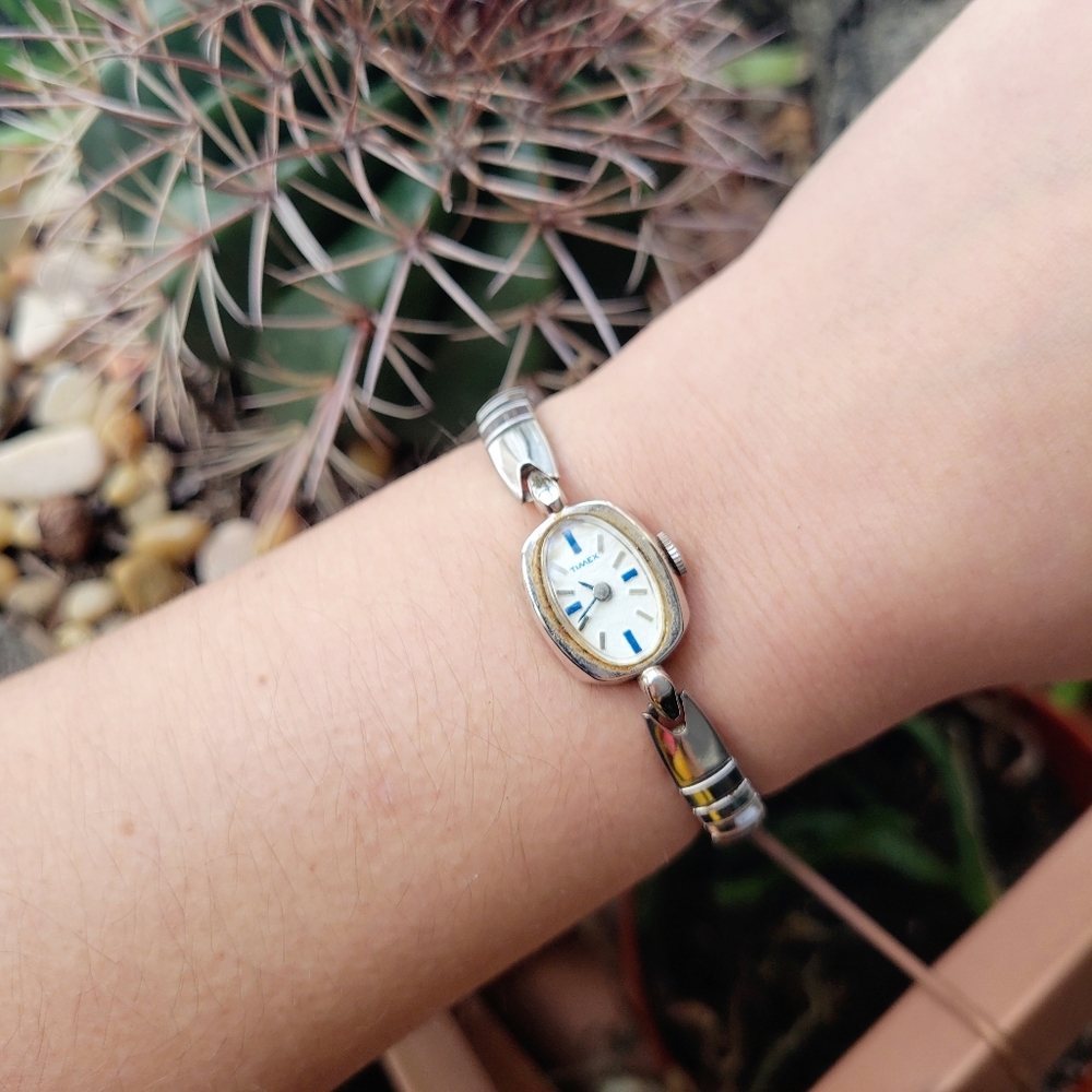 Vintage Timex Silver & Blue Oval Cushion Dainty Stretch Watch